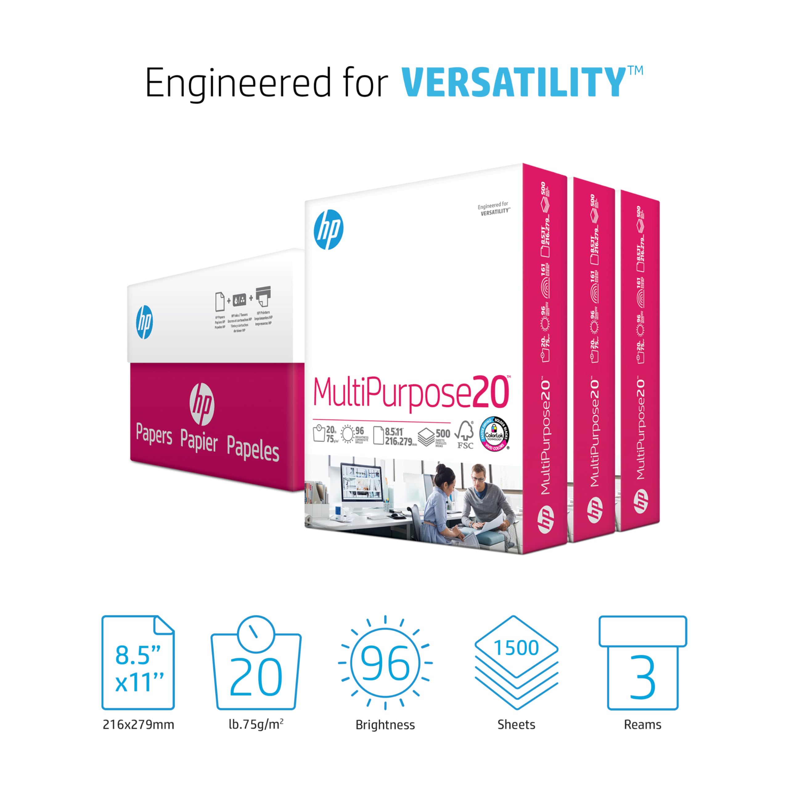 HP Printer Paper 8.5x11 MultiPurpose 20 lb 3 Ream Case 1500 Sheets 96 Bright Made in USA FSC Certified Copy Paper HP Compatible 112530C