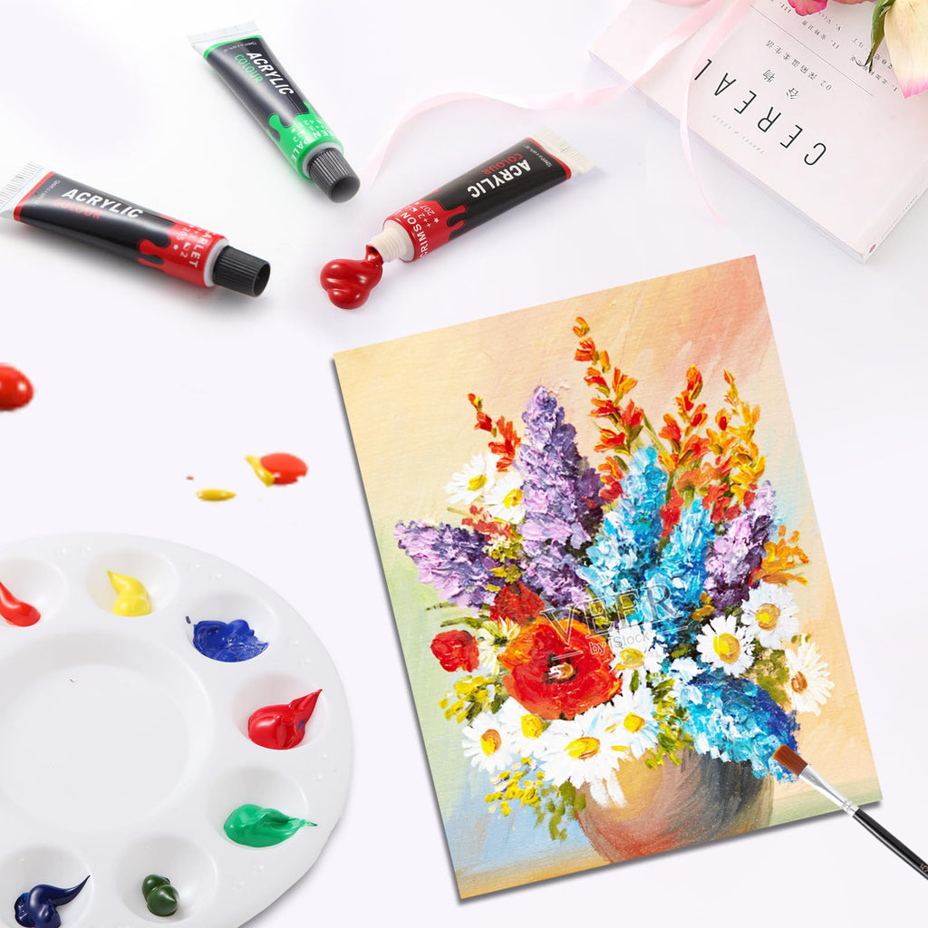 Kebuye Acrylic Art Paint Set, 24 Colours(12ml) Acrylic Paint Kits Creamy Texture Non-toxic, Art Craft Paints for Canvas Painting, Rock,Stone,Wood,Fabric,Crafts,with 6 Brushes 2 Canvas 1 Palette