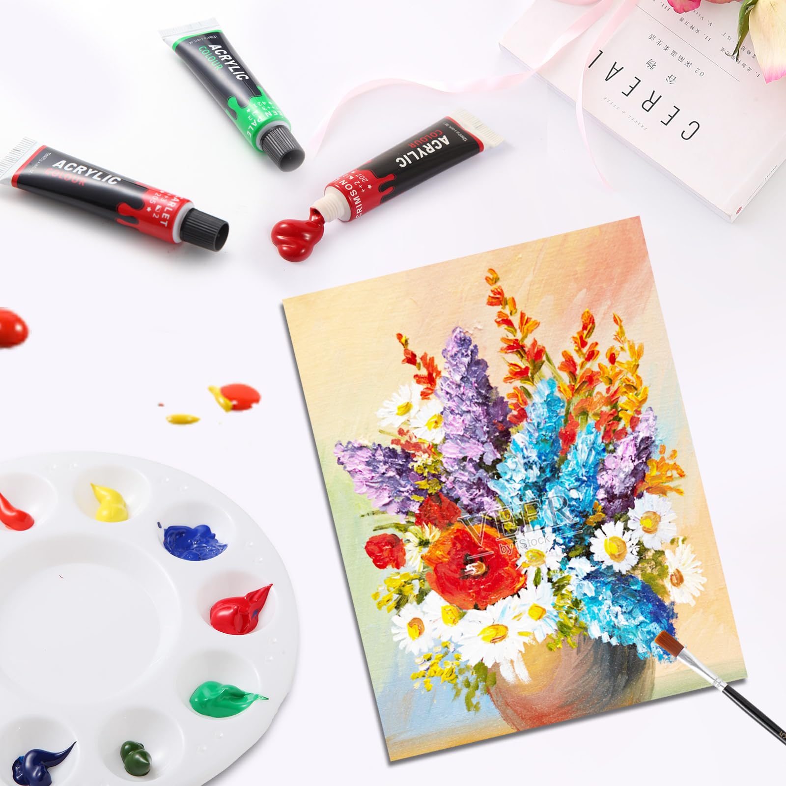 Kebuye Acrylic Art Paint Set, 24 Colours(12ml) Acrylic Paint Kits Creamy Texture Non-toxic, Art Craft Paints for Canvas Painting, Rock,Stone,Wood,Fabric,Crafts,with 6 Brushes 2 Canvas 1 Palette