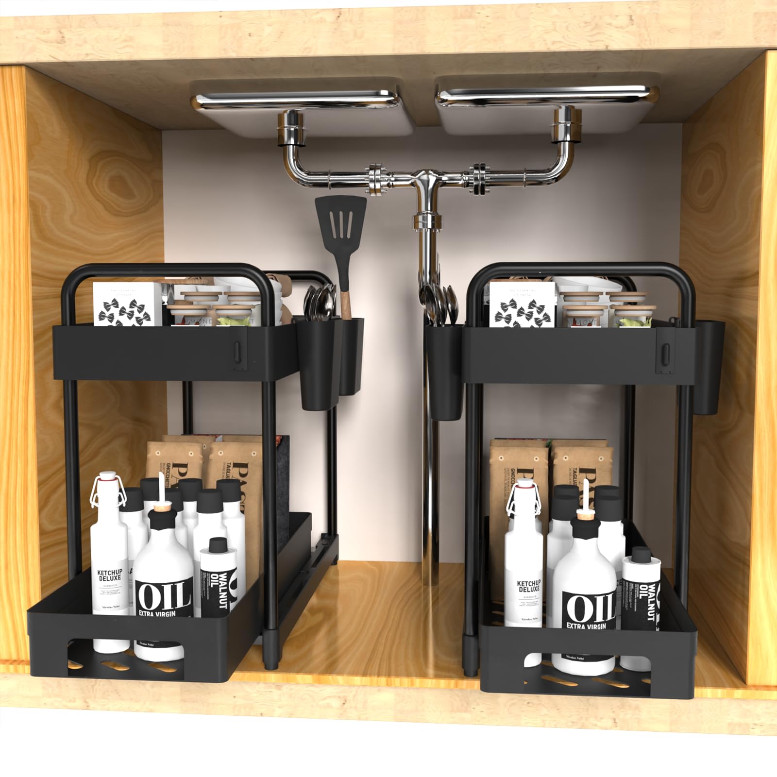2 Pack Under Sink Organizer for Efficiently Utilizing Space, 2 Tier Bathroom Cabinet Organizers and Storage, Multi-purpose Kitchen Organizer and Storage with Hooks and Cups(Black)