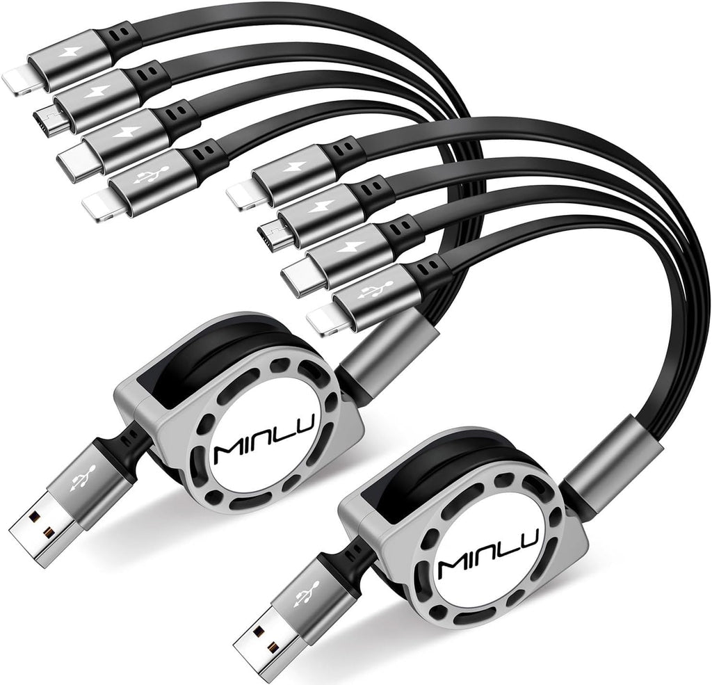 MINLU 4ft/1.2m 4-in-1 Retractable Multi Charging Cable, 4A, 2Pack, Compatible with iPhone, iPad, Samsung, Android, USB Type C/Micro USB, Gray