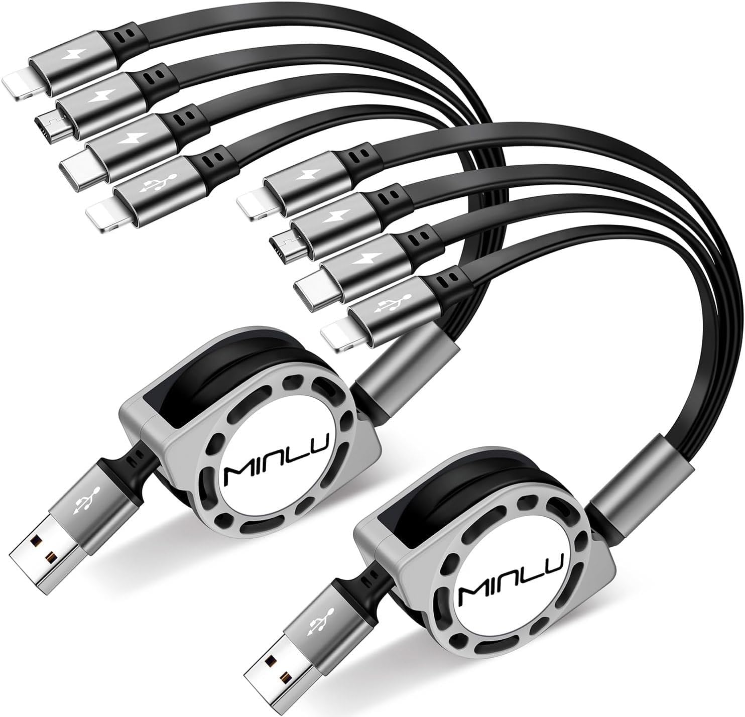 MINLU 4ft/1.2m 4-in-1 Retractable Multi Charging Cable, 4A, 2Pack, Compatible with iPhone, iPad, Samsung, Android, USB Type C/Micro USB, Gray
