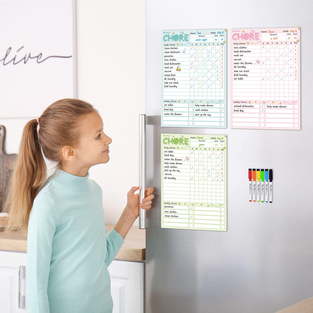 CLEVER CLEAN Magnetic Dry Erase Chore Chart - 8.5"x12" Behavior Responsibility Chore Board for Kids, Teenagers - 6 Extra Fine Point Markers Included - Shipped Flat 3 Pcs Blue Pink & Green