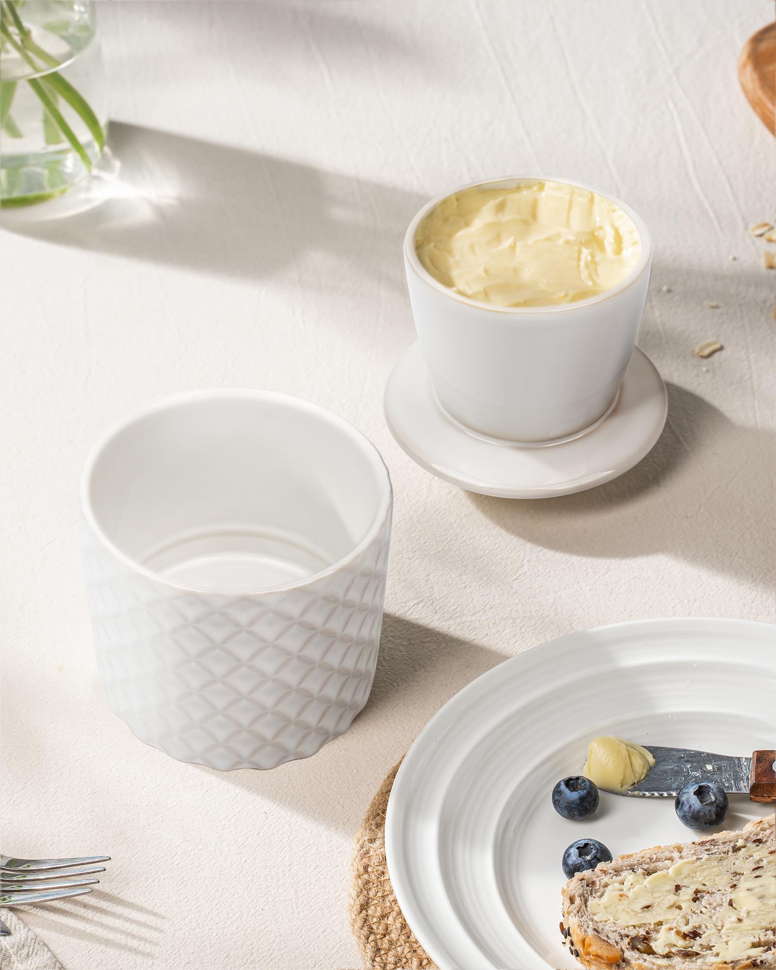 French Butter Crock, Ceramic Butter Dish with Lid, Water-Sealed Butter Keeper Keeps Butter Soft & Spreadable, Kiln Weave White, Housewarming Gift, 8 oz (250g)