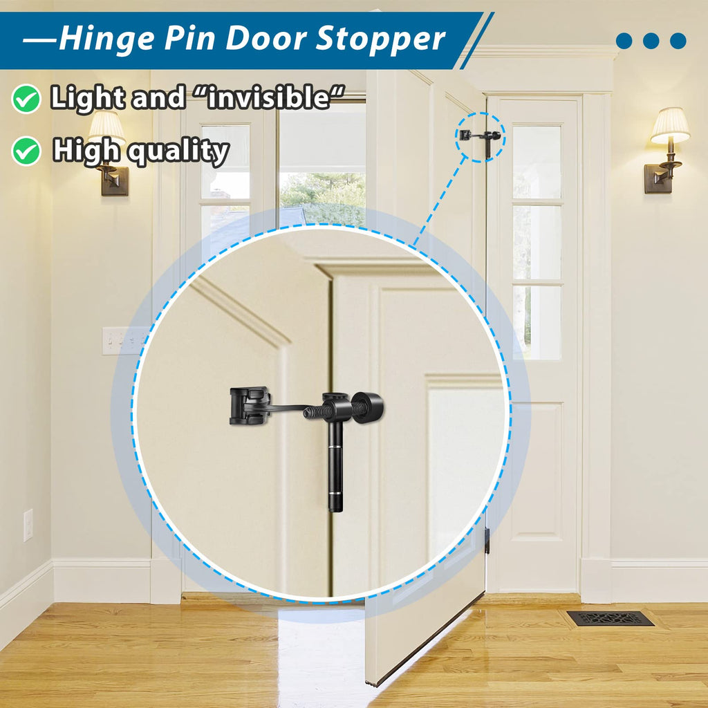 8 Pack Hinge Pin Door Stoppers, Adjustable Hinge Pin Door Stop with Rubber Bumper Tips, Heavy Duty Door Stopper Reduce Damage Prevent Striking Wall Dents from Door Knobs, Black