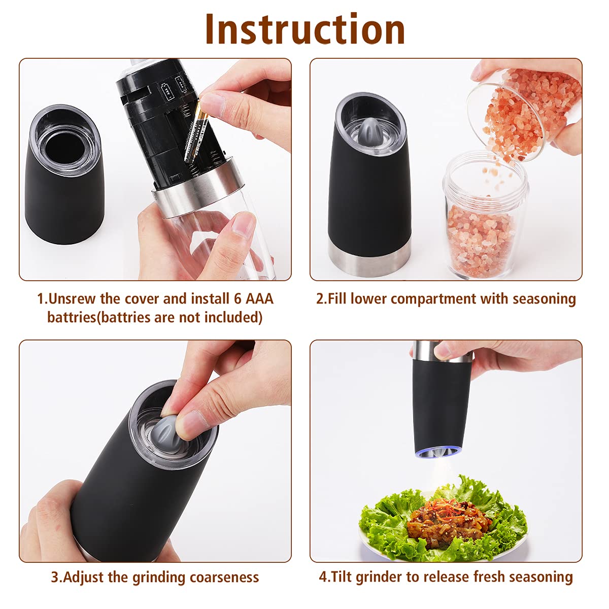 Electric Salt and Pepper Grinder Set: for Gravity Automatic Pepper Grinder, Battery Operated Pepper Mill with Ceramic Grind Adjustable Coarseness Electric Salt Grinder refillable Pepper Shaker 2 Pack