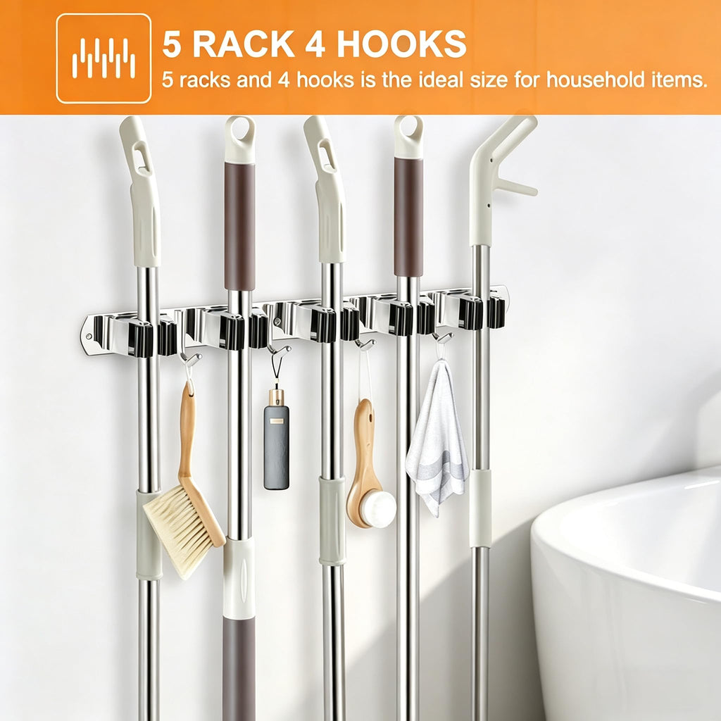 2 Pack Wall Mount Broom Holder Stainless Steel 5 Racks with 4 Hooks Broom Organizer Self Adhesive Heavy Duty Laundry Room, Garage Organization Storage