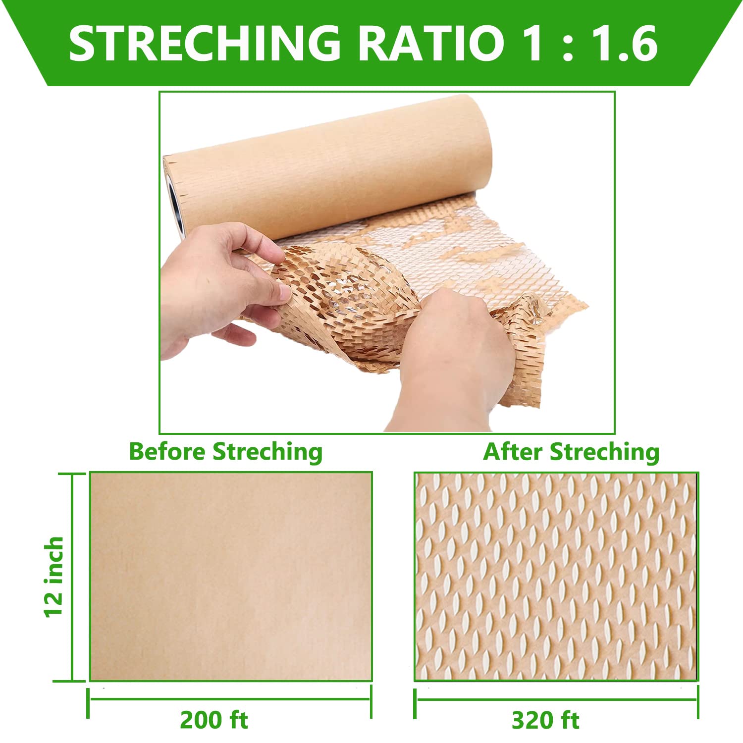 Honeycomb Packing Paper Wrap 12"x200' Recycled Bubble Cushioning Wrap Eco Friendly Moving Supplies for Shipping, Packaging & Gifts - Protective Wrap for Fragile Items with 20 Fragile Sticker Labels