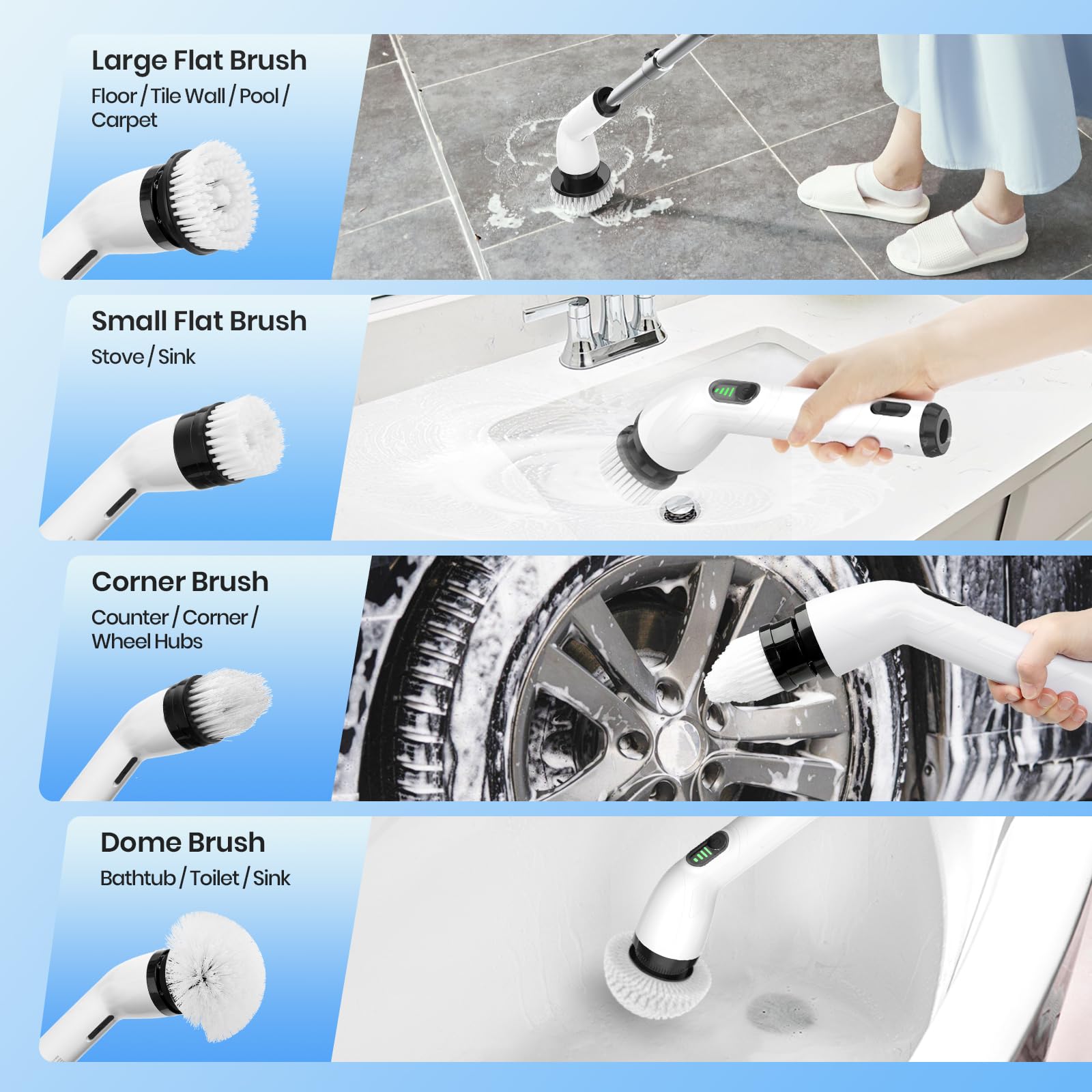 Keimi Electric Spin Scrubber, New Full-Body IPX7 Waterproof Cordless Bathroom Scrubber with 8 Replaceable Heads, Upgraded Extension Handle, Shower Cleaning Brush for Bathtub, Tile, Floor, Black