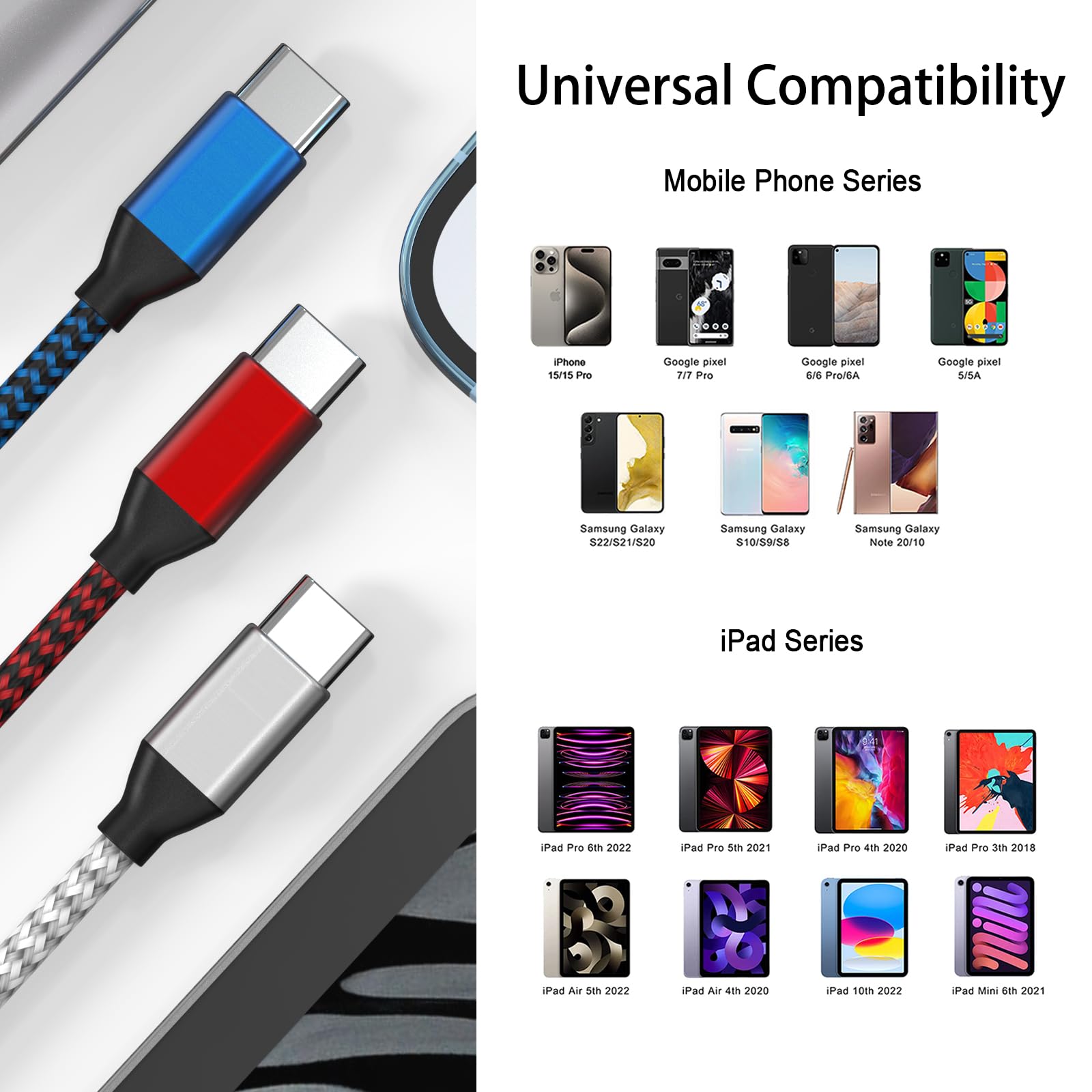USB C to USB C Cable Nylon Braided 60W 3/3/6/6/10 FT USB Type C Fast Charging Cable for iPhone 17/17 Pro Max/Air/16/16 Plus/16 Pro Max/15/15 Plus, Mac-Book, iPad, Samsung S25/S24/23