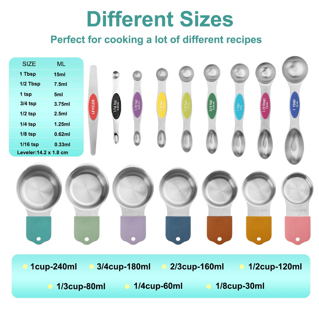 16 Pcs Magnetic Measuring Cups and Spoons Set,Stackable Metal Measure Cup for Measuring Dry and Liquid Ingredients,Kitchen Dry Food, Cooking Baking Measurements
