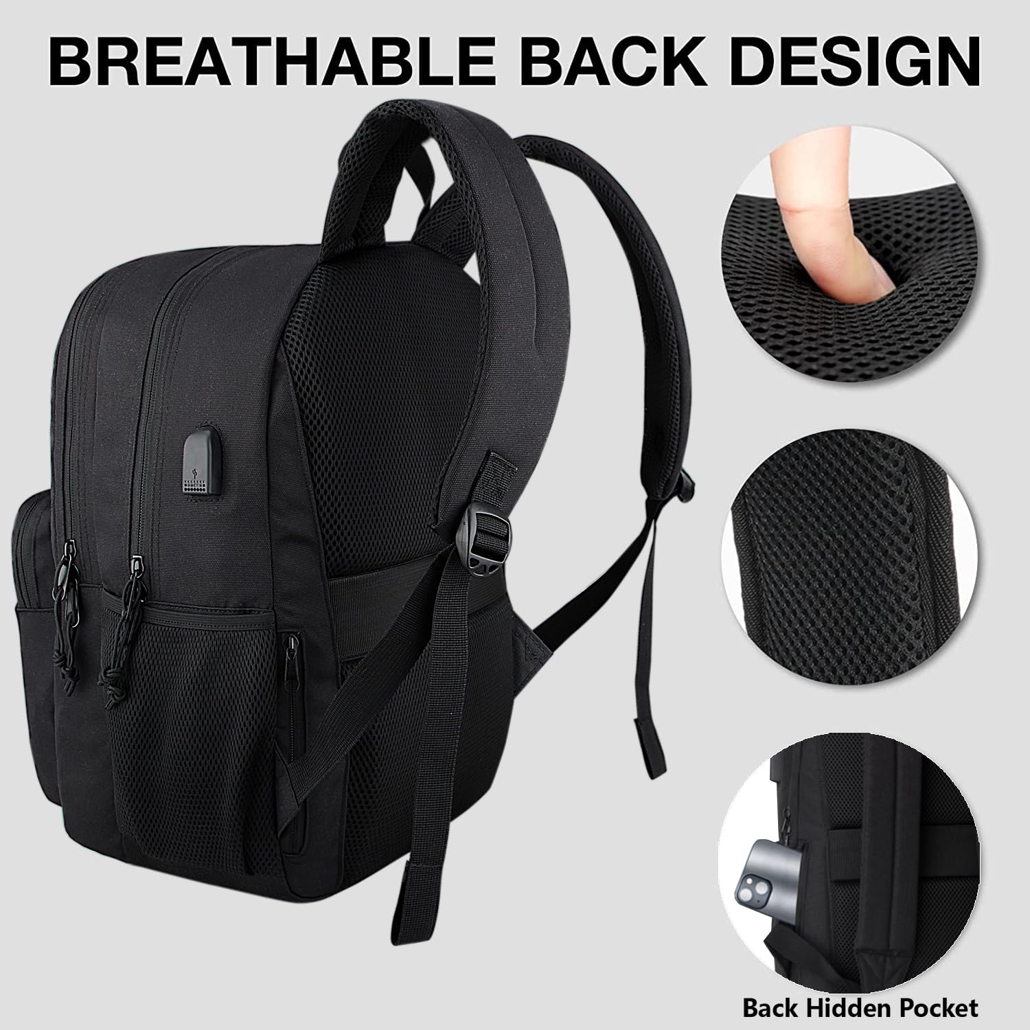 KEOFID classic carry-on travel backpack for men and women, Anti theft laptop backpack with USB charging port, large backpack for college(dark black）