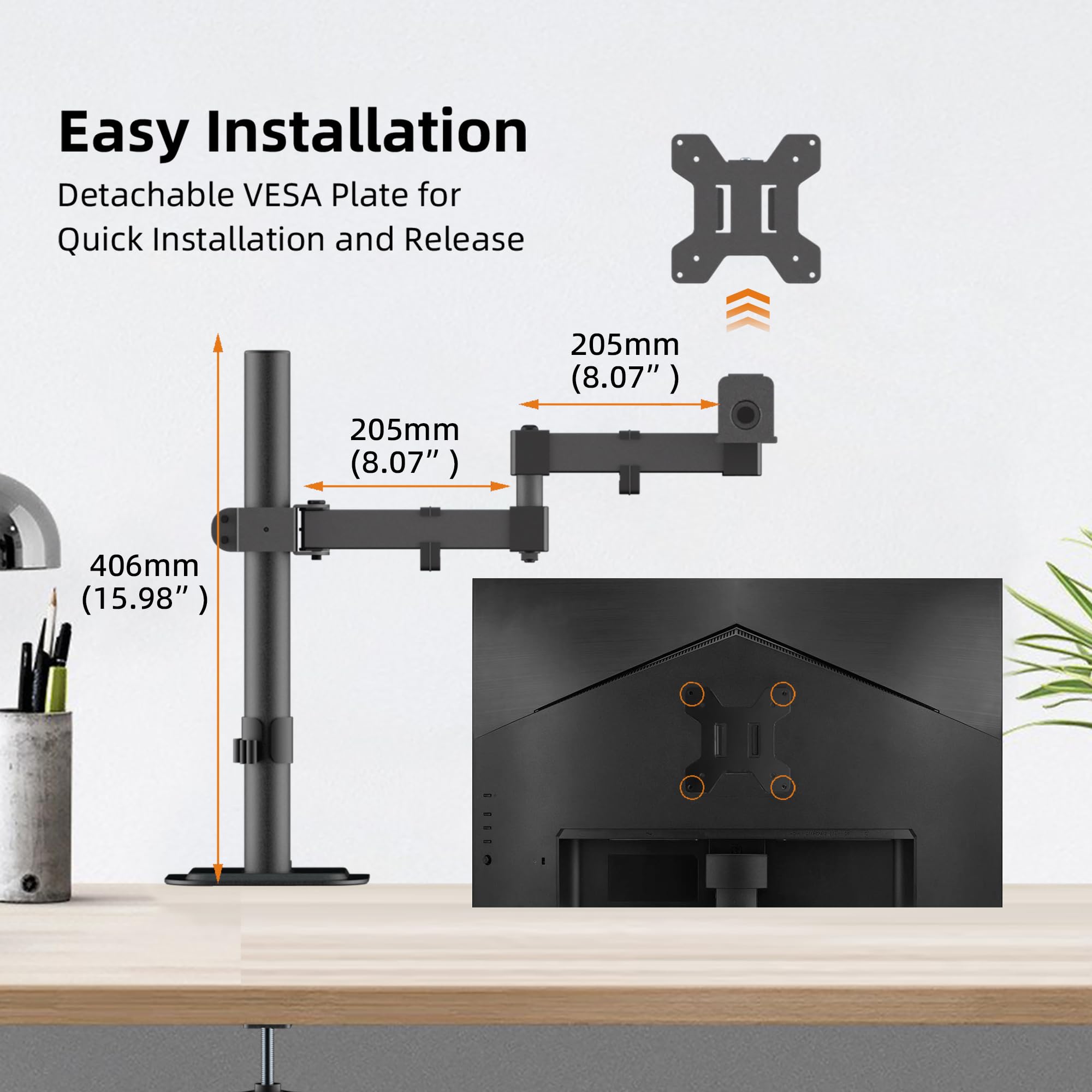 Bracwiser Single Fully Adjustable Monitor Arm Stand Mount Fits One Screen 13-32 inch 22lbs for Monitor Computer Screen 13 15 17 19 20 22 23 24 26 27 30 32 inch VESA 75 100 (MD7421)…