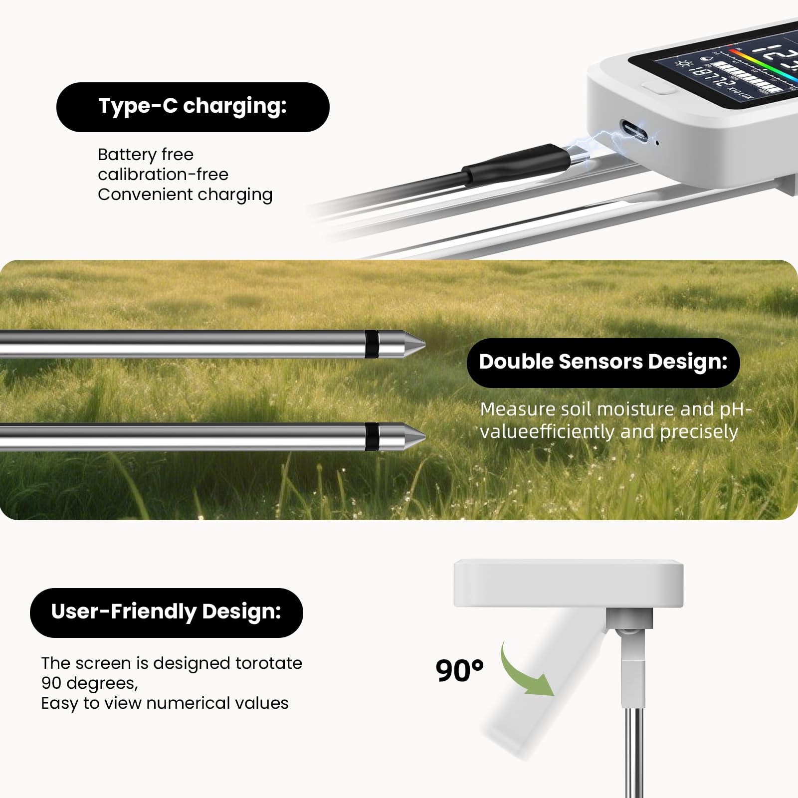 6-in-1 Soil Meter with Ph, Moisture, Fertility, Temperature, Sunlight & Humidity Sensor, Soil Test Kit for Garden, Farm & Lawn Plant Care, Multi-Function Tester Ideal for Plants Lover Gifts