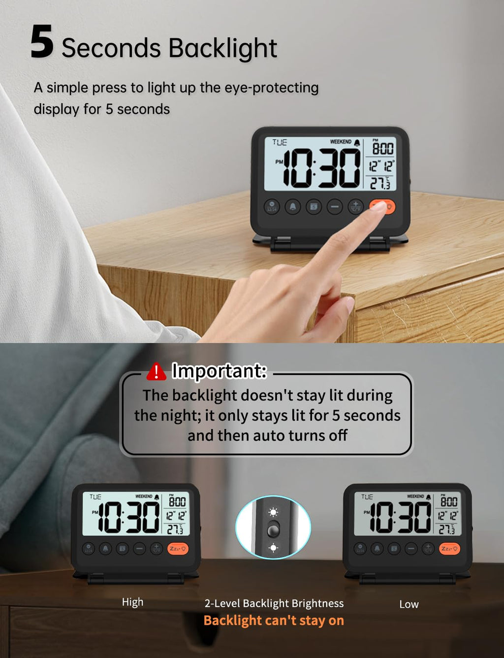 MeesMeek Digital Travel Alarm Clock: Small Bedside LCD Clock with Date Temperature Snooze Backlight 12/24H Weekend Mode and 2 Volume, Desk Clock for Kids Office Bedroom, Battery Included (Black)