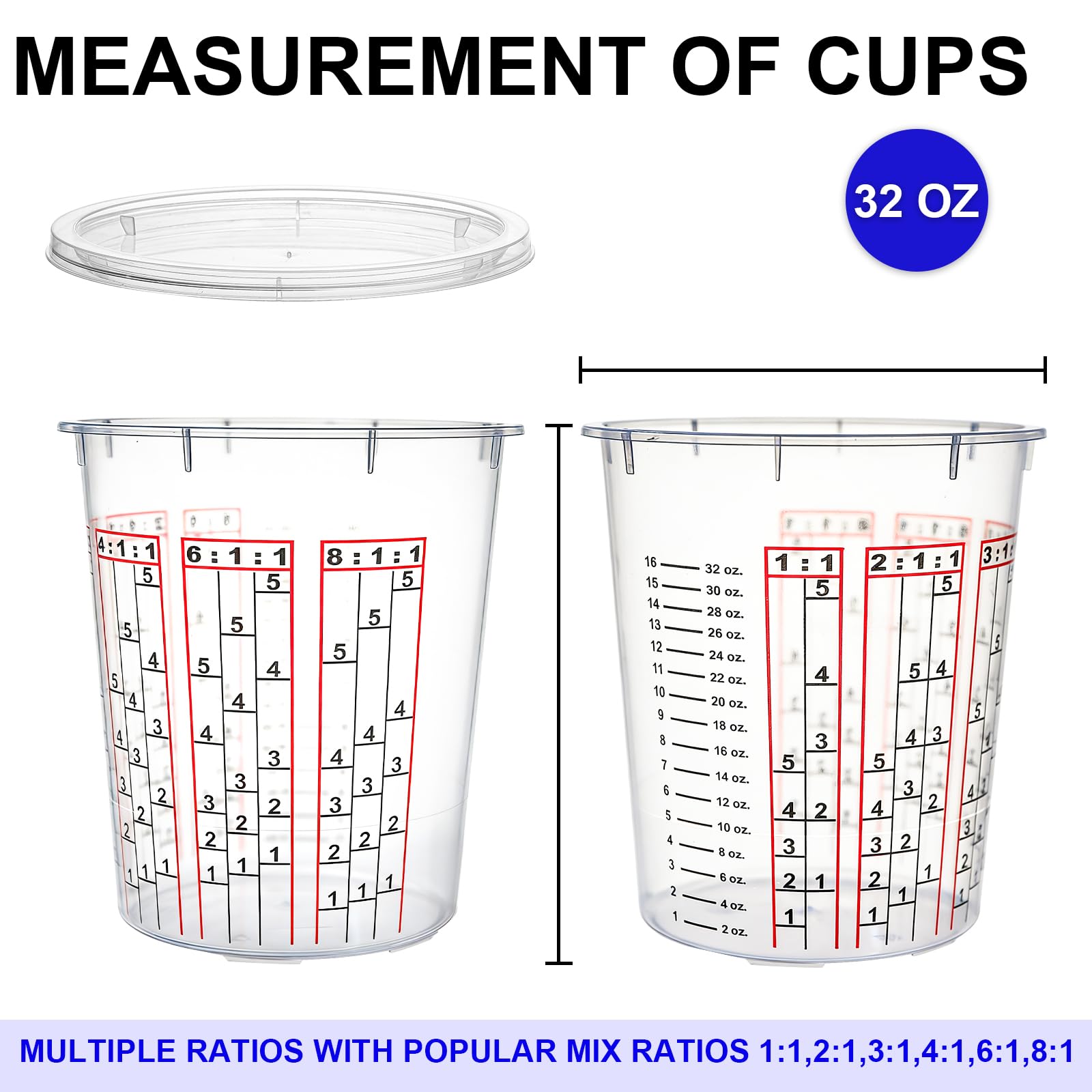 Yesland 30 Pack Paint Mix Cups with Lids, 32 Ounce Plastic Paint and Epoxy Mixing Cups with Calibrated Mixing Ratios on Side of Cup