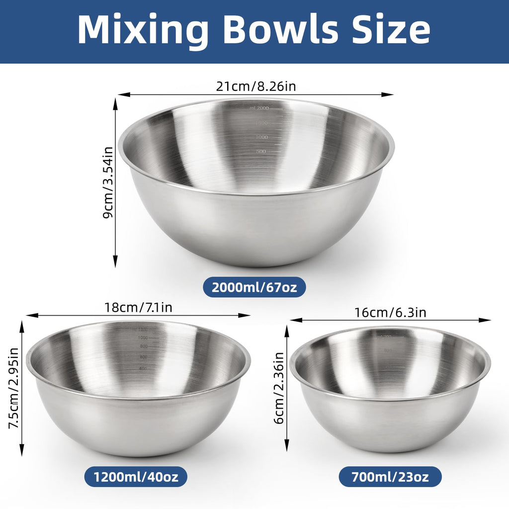 fecoqi 3-Set Stainless Steel Mixing Bowls Set Metal Bowl Set with Measurement Marks, Dishwasher Safe & Stackable - Perfect for Baking, Salad Making, Meal Prep and Kitchen Use