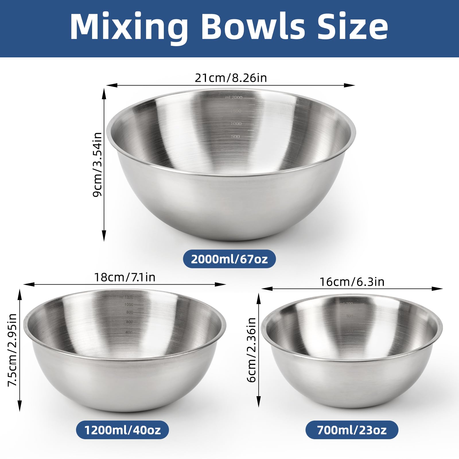 fecoqi 3-Set Stainless Steel Mixing Bowls Set Metal Bowl Set with Measurement Marks, Dishwasher Safe & Stackable - Perfect for Baking, Salad Making, Meal Prep and Kitchen Use