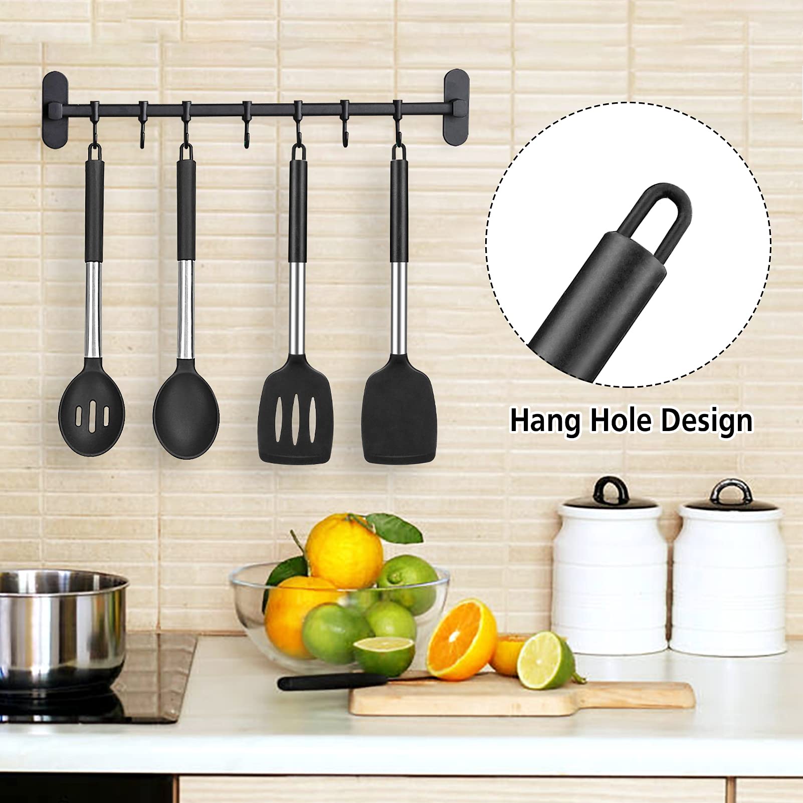 Pack of 4 Large Silicone Cooking Spatulas and Spoons, Slotted and Solid Stainless Steel Cooking Utensils Set, Non-Stick Heat Resistant Kitchen for Baking, Fried, Stir-Fry, Mixing, Serving (Black)