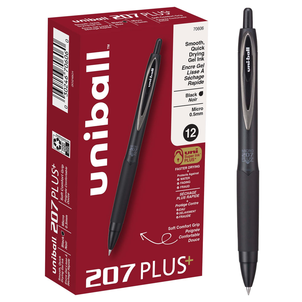 Uniball 207 Plus+ Retractable Gel Pens, Micro Point (0.5mm), Black, 12 Pack