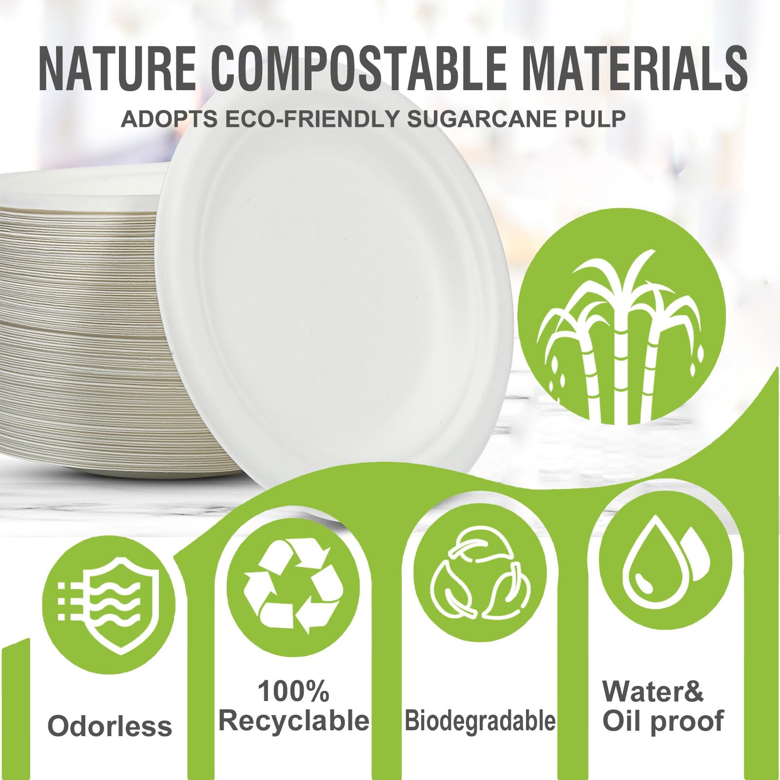 Disposable Large White Paper Plates 9 Inch - 100 Counts Heavy Duty Natural Bagasse Plates, Compostable & Oil-Proof, Microwave Safe for Family Christmas Dinner, Kids Pizza Nights & Fried Chicken Meals