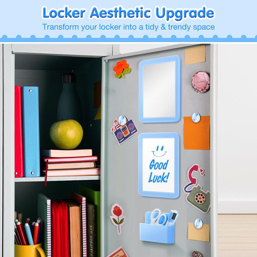 MoKo Locker Accessories Set, 11PCS Back to School Supplies Includes Magnetic Mirror, Whiteboard, Markers, Pen Holder and Magnets, Locker Organizer for School Office (Pink)