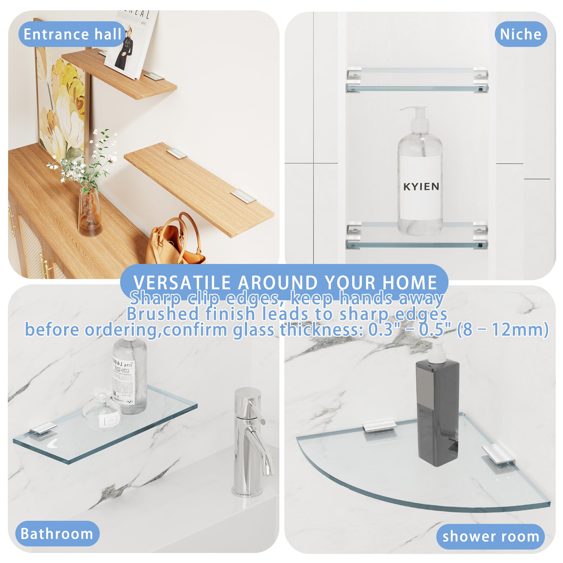 4Pcs Stainless Steel Glass Shelf Clip Clamp Bracket Support Adjustable 304 Stainless Steel Brushed Finish Glass Clip Shelf Brackets Holder Support 0.3" to 0.5"/ 8 to 12mm Thick