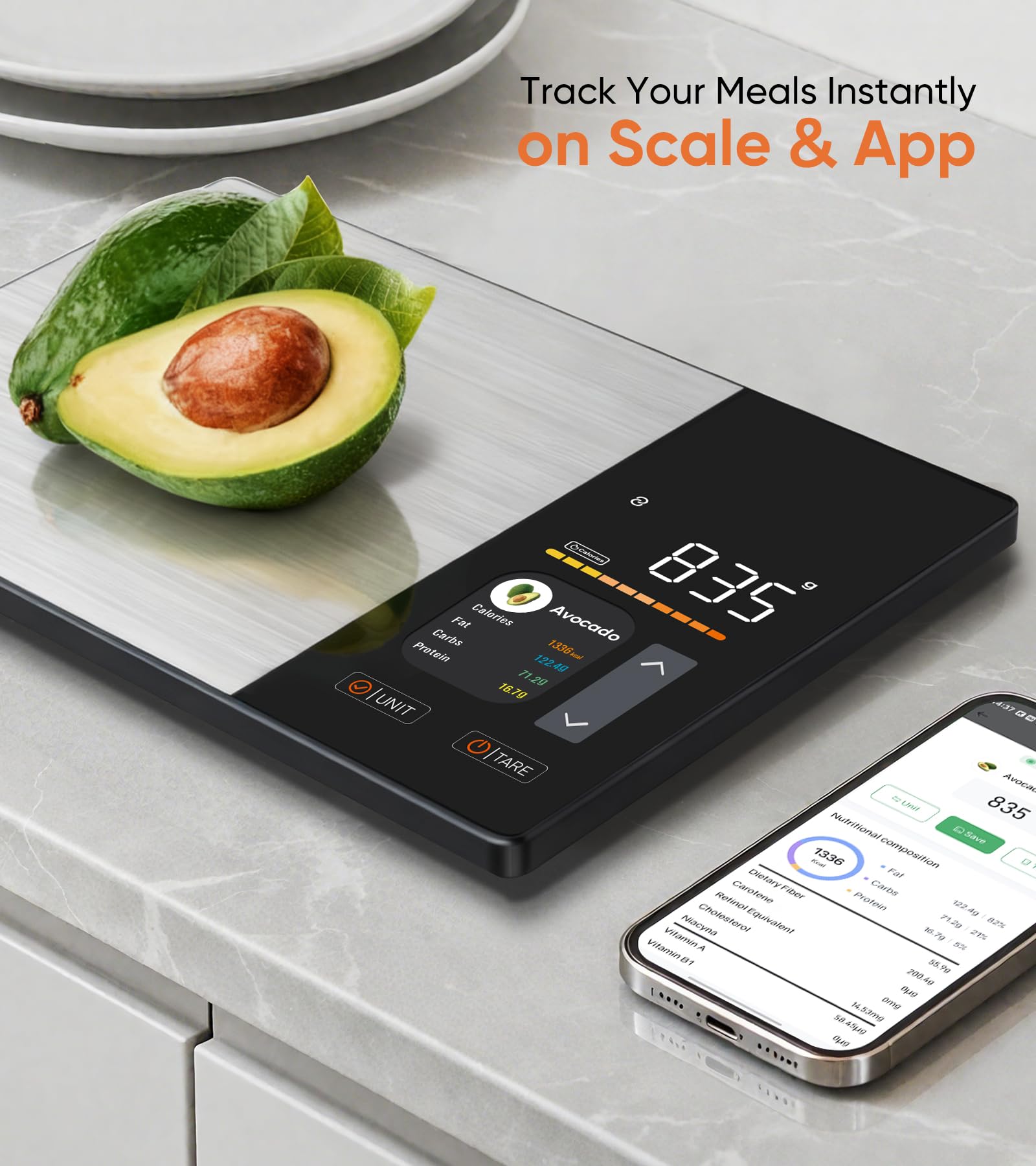 KUAIVO Smart Food Scale with TFT Display, Tracks Calories, Fat, Carbs & Protein, Works with App for Daily Nutrition Tracking, 50 Built-in Foods, 23 Nutrients, Digital Kitchen Scale for Meal Prep
