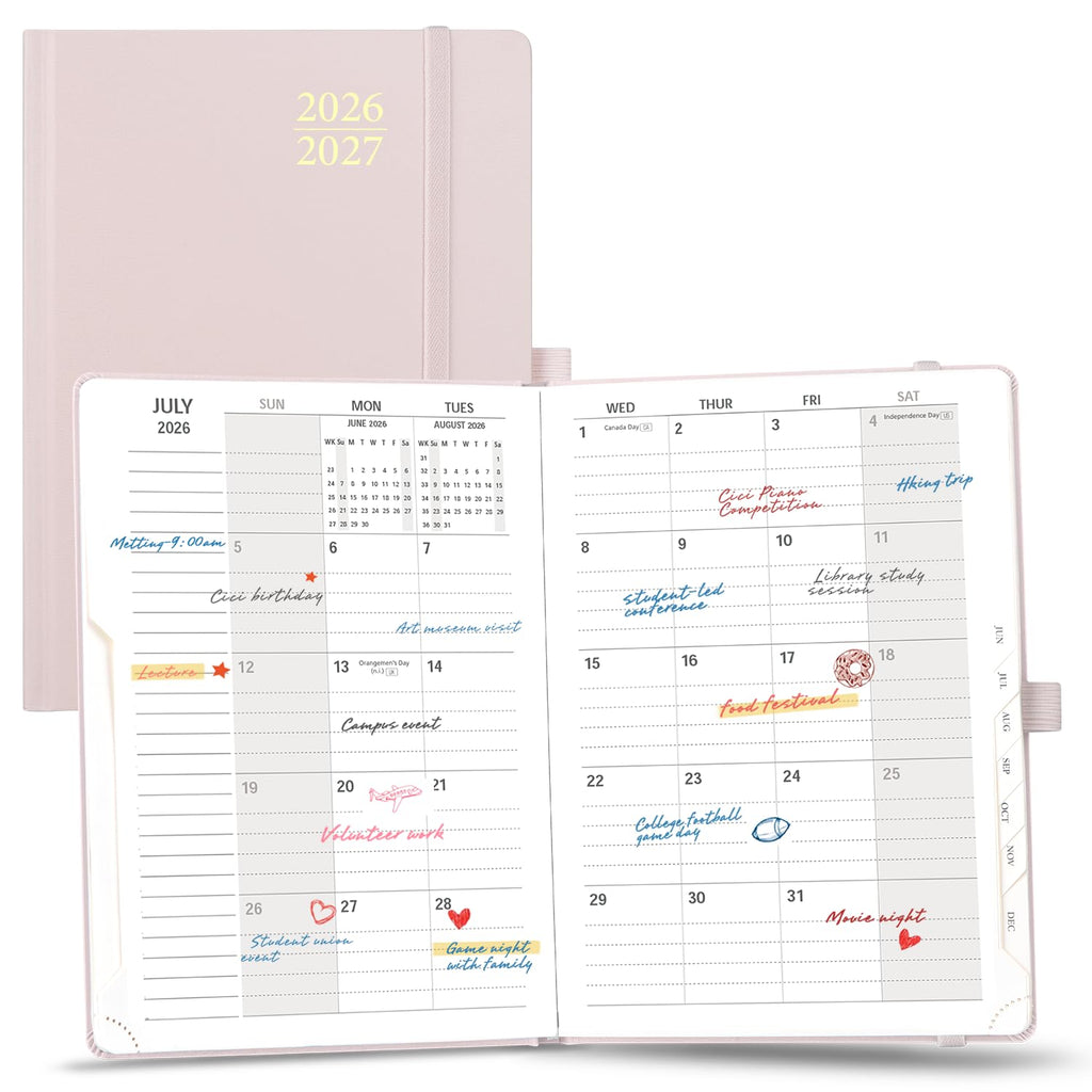 POPRUN Monthly Planner 2026-2027 (6.25" x 8.5"), 18-Month Calendar Book (Jul.26 - Dec.27), Academic Calendar Planner with Monthly Tabs, Inner Pocket, Hard Cover, 100GSM Paper - Light Pink