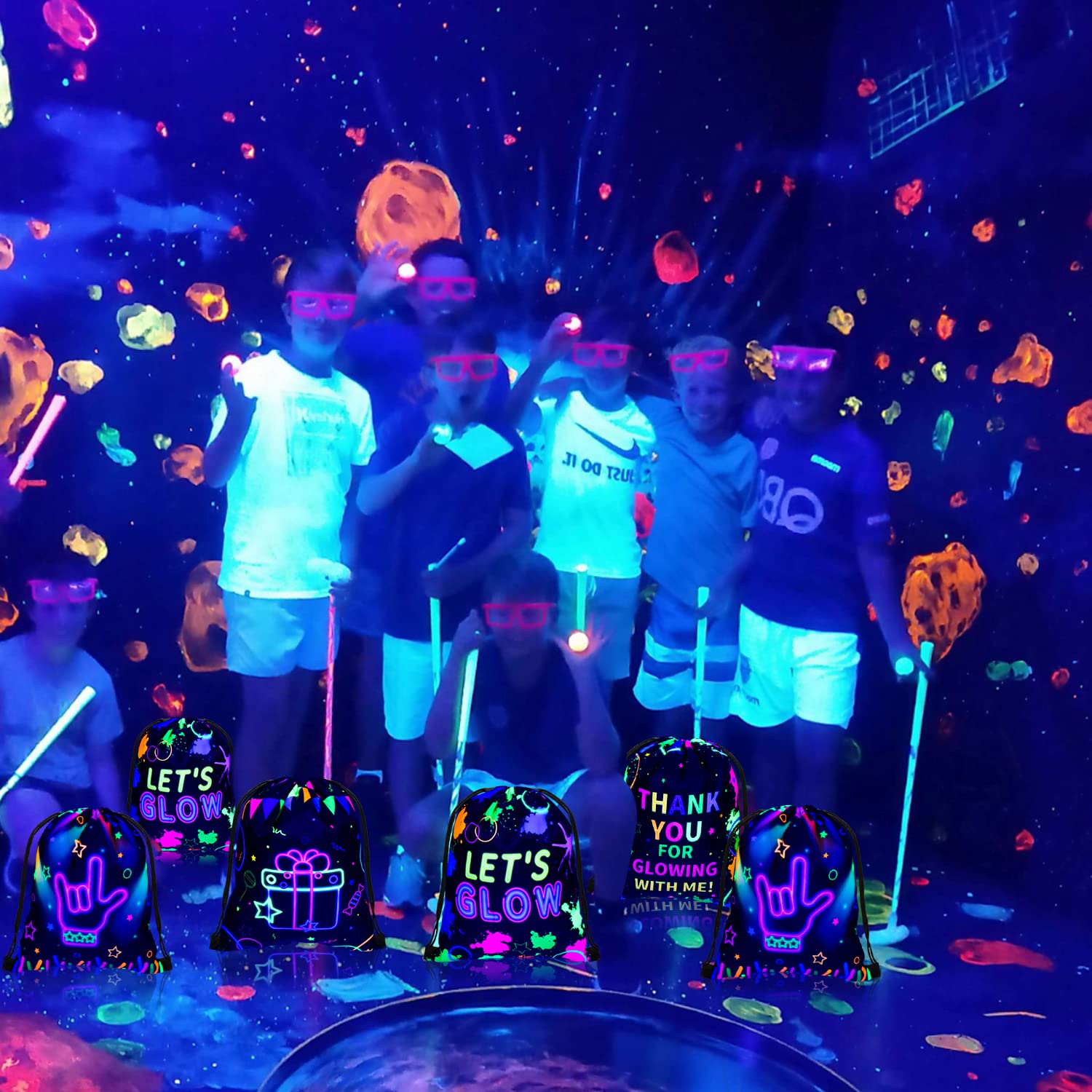12 Pcs Neon Drawstring Gift Bags Glow Backpacks Goodie Bags Glow Party Supplies Favor Bags for Birthday Party Let’s Glow Party Decorations Glow in The Dark Party Supplies