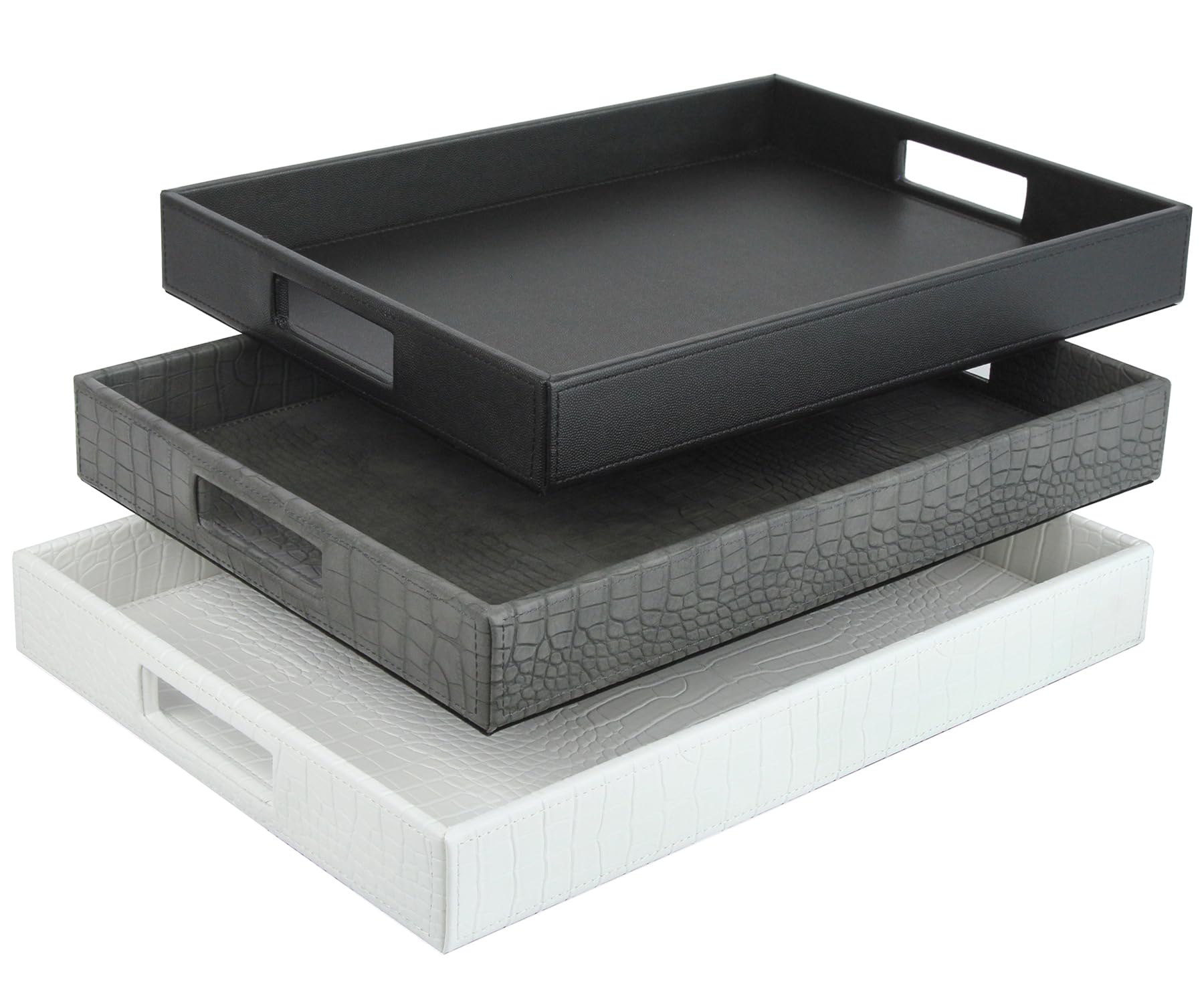 HofferRuffer Rectangle Serving Tray with Hole Handles for Coffee Table, Breakfast, Tea, Food, Butler - Countertop, Kitchen, Vanity Serve Tray, 16.2 x 12.2 x 2 inches, Faux Leather Tray (Black)