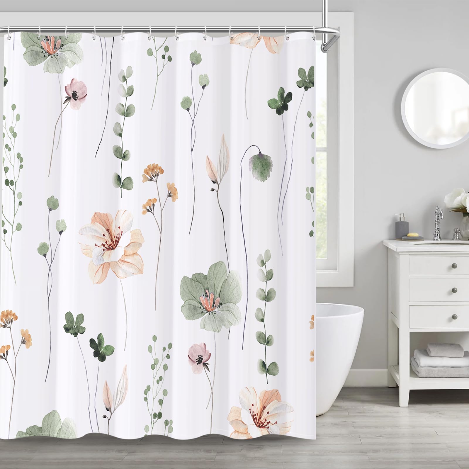 XZTXBest Boho Shower Curtain, Sage Green Beige Flower Bath Curtain for Bathroom, Modern Minimalist White Bathroom Curtain, Mildew Resistant, Weighted Hem, Waterproof Fabric with 12 Hooks 72x72 Inches