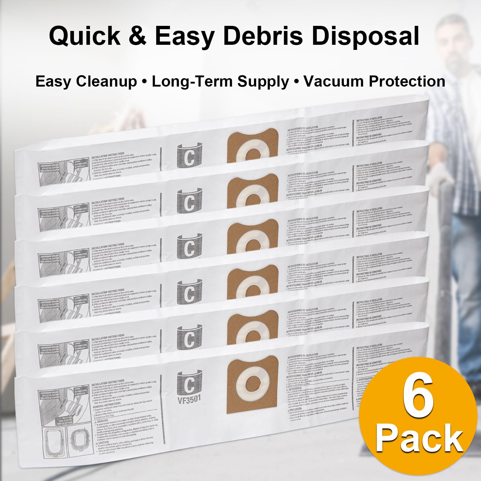 6 Pack Replacement for Ridgid VF3501 Filter Bags, Compatible with Ridgid 3 to 4.5 Gallon Vac Bags Wet Dry Dust Bags Replace Part# 23738, Workshop WS32045F, Size C