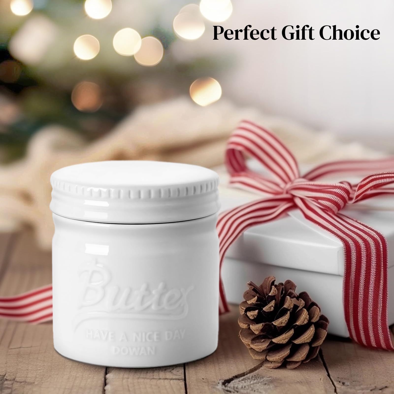 DOWAN Porcelain Butter Keeper Crock, French Butter Dish with Lid, Embossed Butter Container for Soft Butter, Big Capacity & Humanized Water Line, White