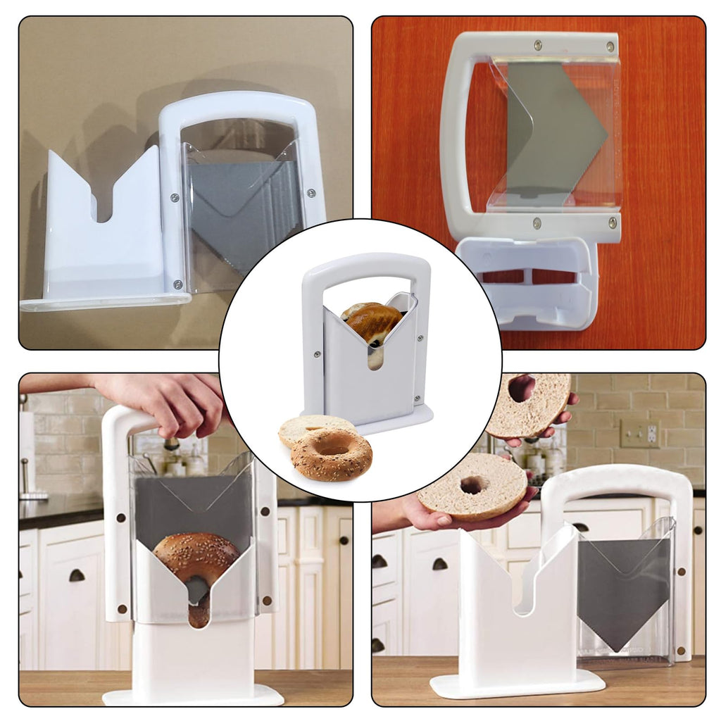 Bagel Slicer, Perfect for Bagels, Safe Grip, Safety Shield, Bagel Cutter Stainless Steel, Universal Slicer (White)