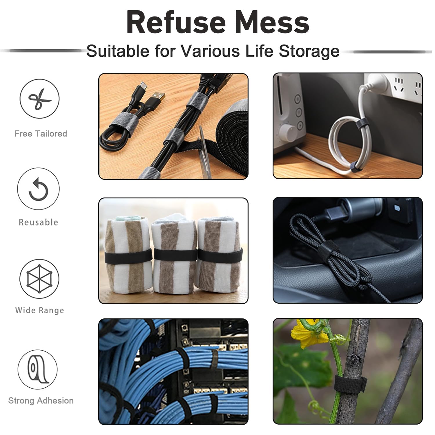 164ft 1/2 inch Fastening Cable Ties, Hitotsu Reusable Hook and Loop Roll, Self-Gripping Bundling Strips for Cord Manage,Home, Office, Electrical Cords, Host Room, Black,2 Roll