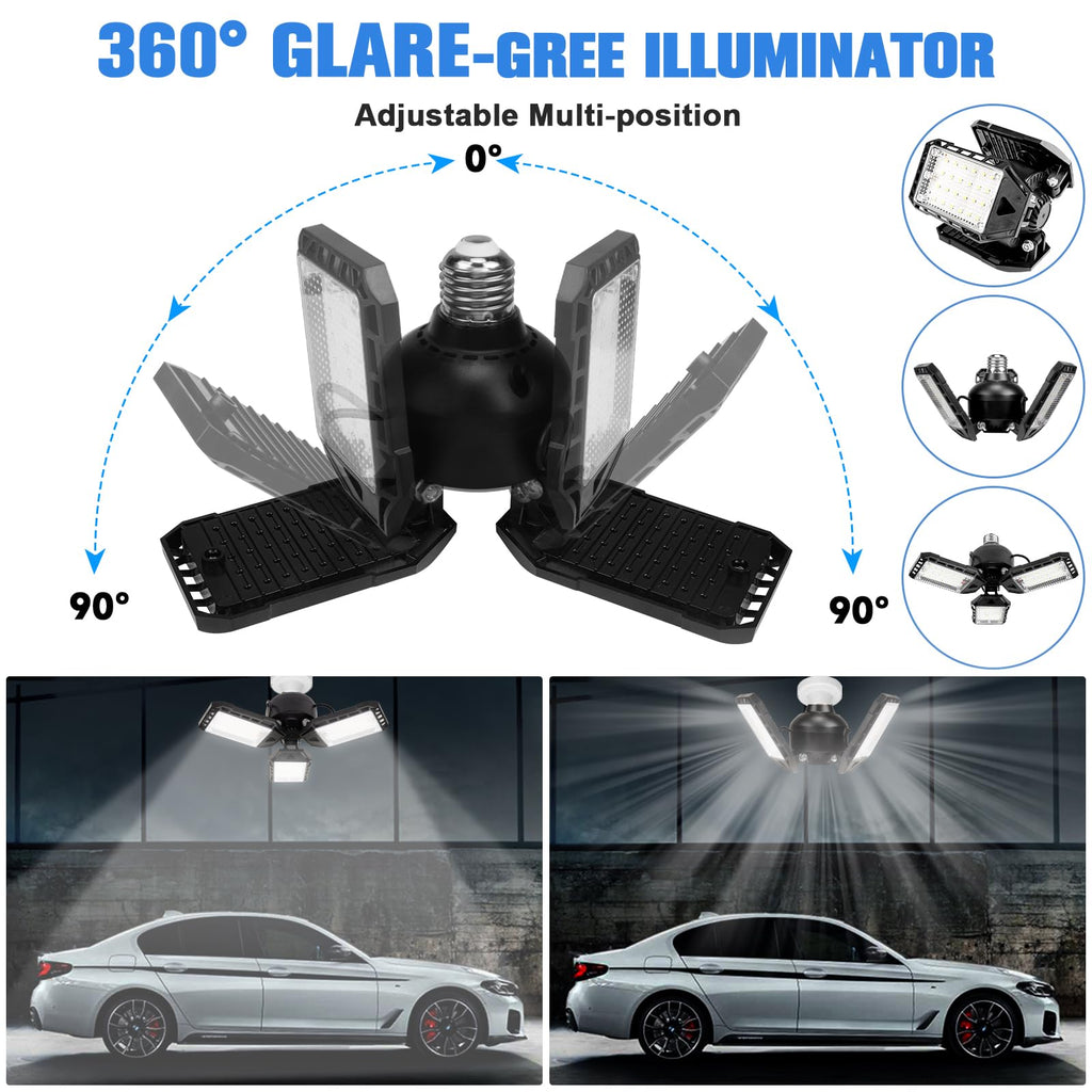 Aoretic LED Garage Lights Bulb-2 Pack Led Shop Light with 3 Deformable Panels, Basement Barn Light Garage Ceiling Lights, E26/E27 for Garage, Warehouse, Shop, Basement