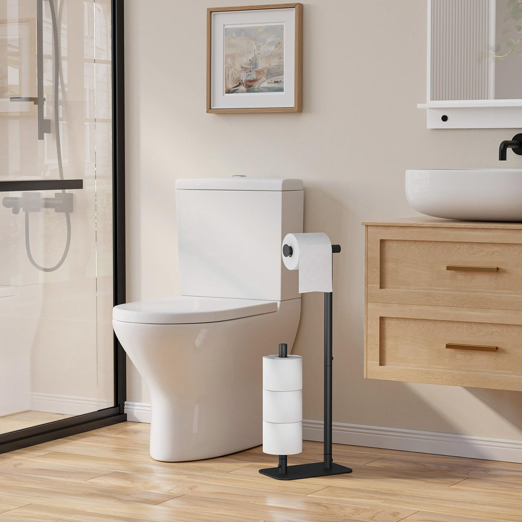Kitsure Toilet Paper Holder - Large Capacity Standing Toilet Paper Holder for 4 Rolls, Rustproof Roll Storage Stand with Non-Slip Stable Base for Bathroom, Black，Large