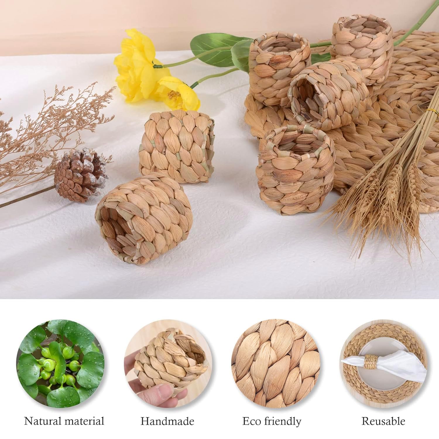 12 pcs Woven Napkin Rings， Napkin Rings Table Decor Handmade by Natural Water Hyacinth， Fall Farmhouse Napkin Rings for Christmas, Wedding Table Decoration