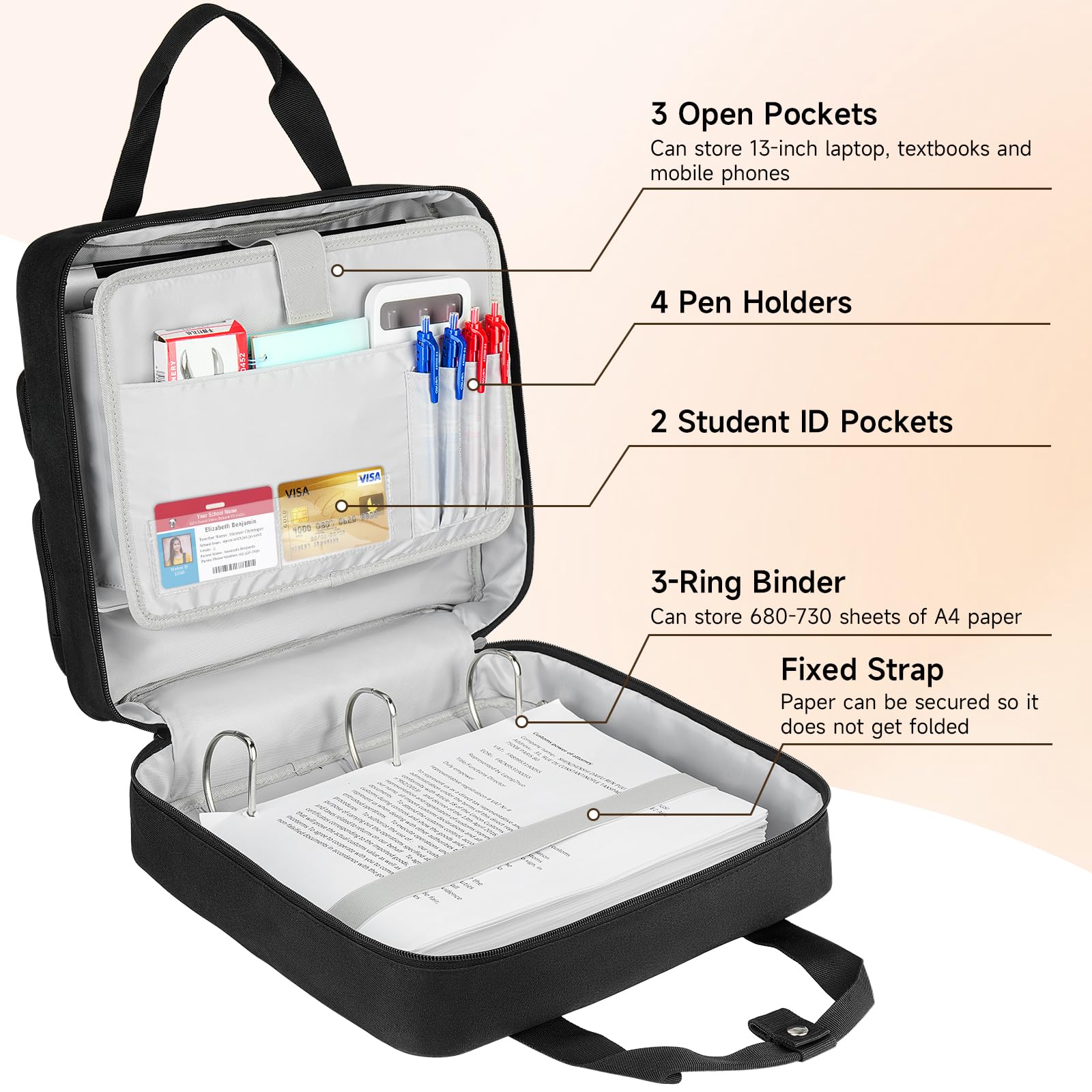 ZIOZERTT Zipper Binder 3 Ring, 700 Sheets Capacity, Binder 3 Inch with Shoulder Strap Fits 13 Inch Laptop for School and Office,Black