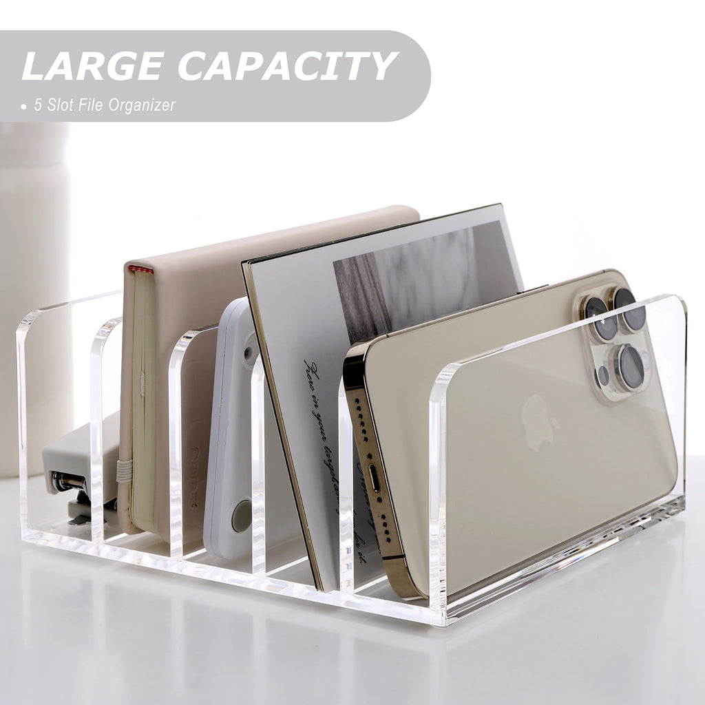 SANRUI Acrylic Desktop File Organizer, 5 Compartments Clear Office Document Sorter Mails Storage, Multifunction Letter Folder Racks Holders for Office,Home, School Desk Organization