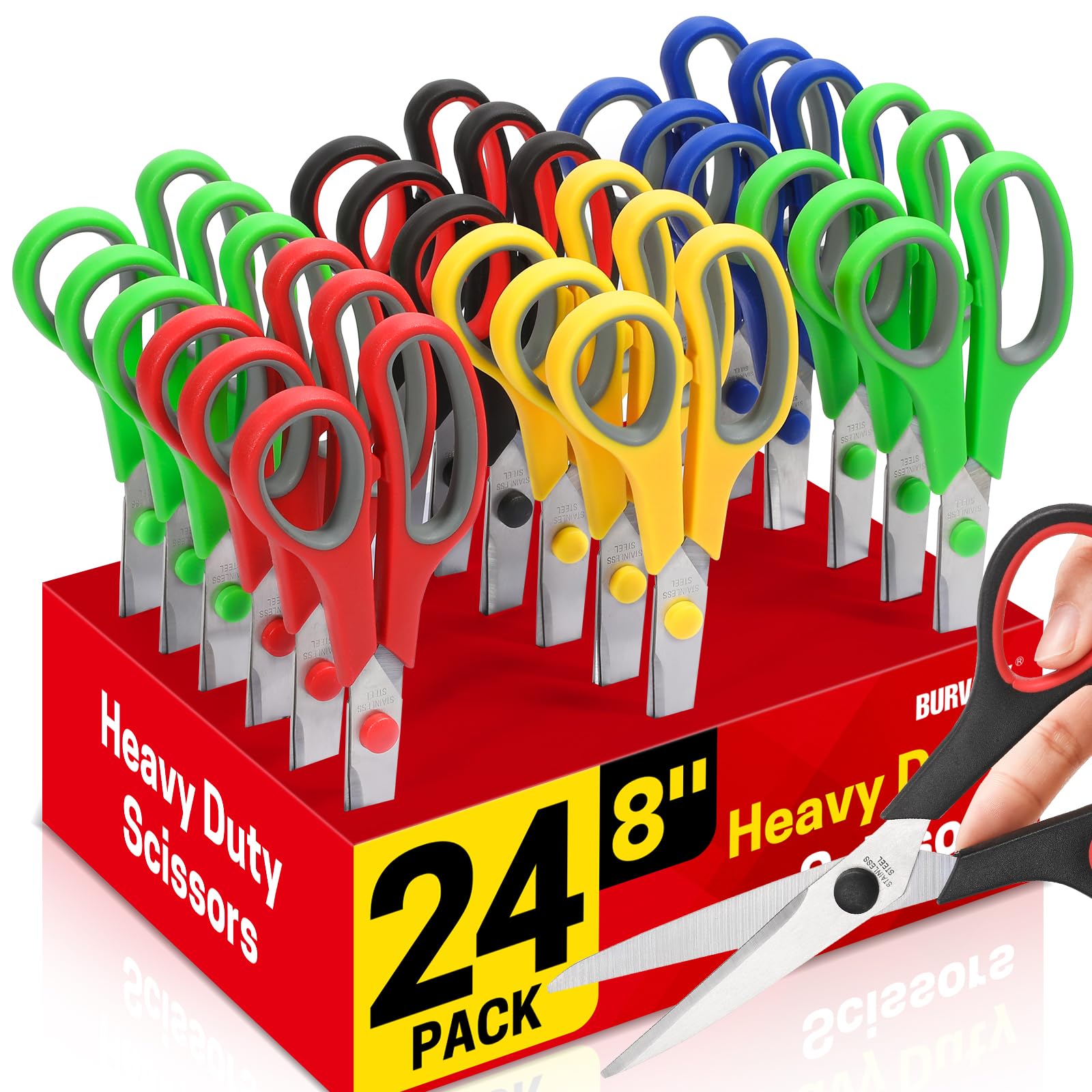 Scissors Bulk 24-Pack, BURVAGY 8" Scissors All Purpose Heavy Duty Sharp Scissors for Office School Home Stainless Steel Blades Safety Soft Grip Handles,Right/Left Handed Scissors