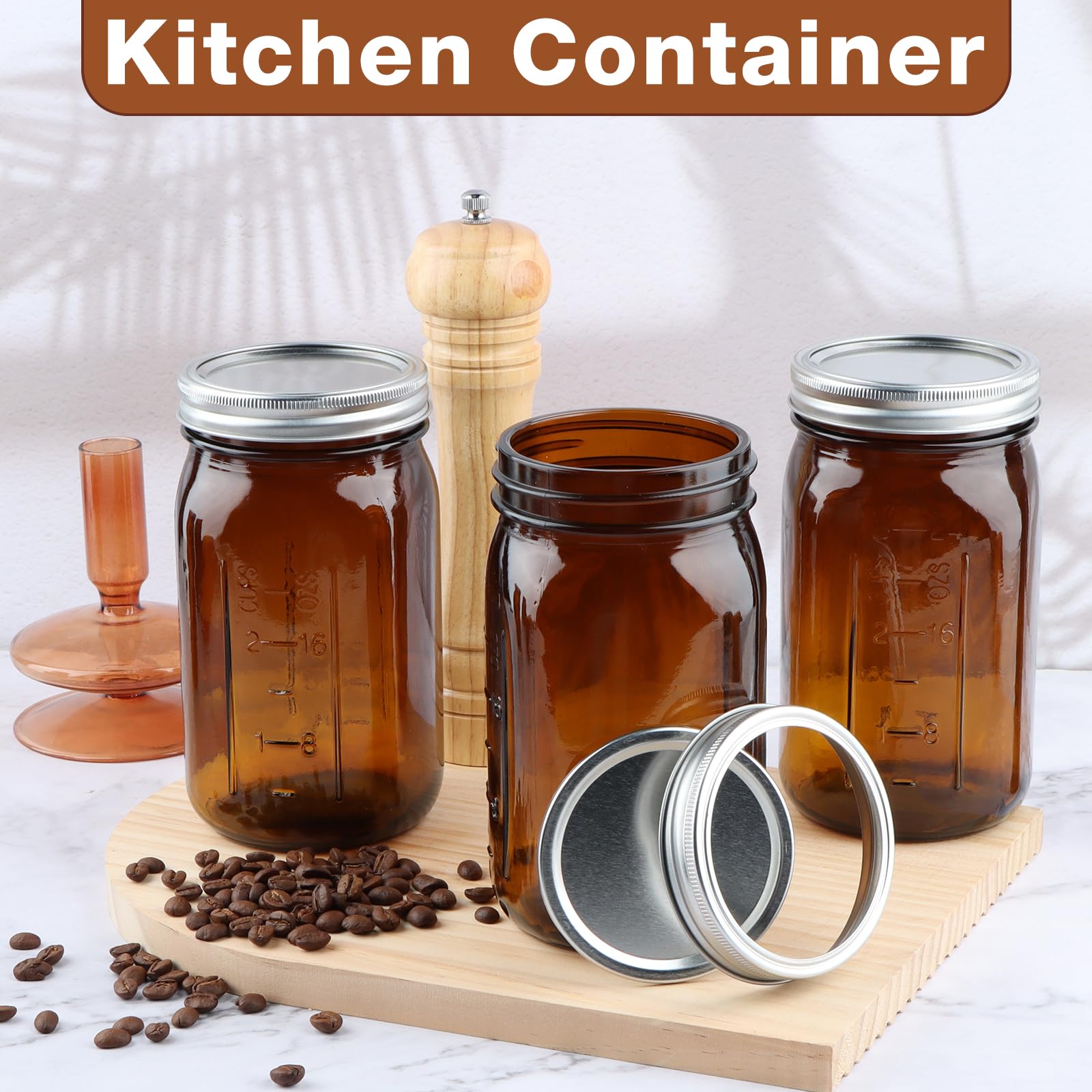 CARBLIN 4 Pack Amber Wide Mouth Canning Jars with Airtight Lids, 32 oz Glass Pint Jars for Jam Fermenting Preserving