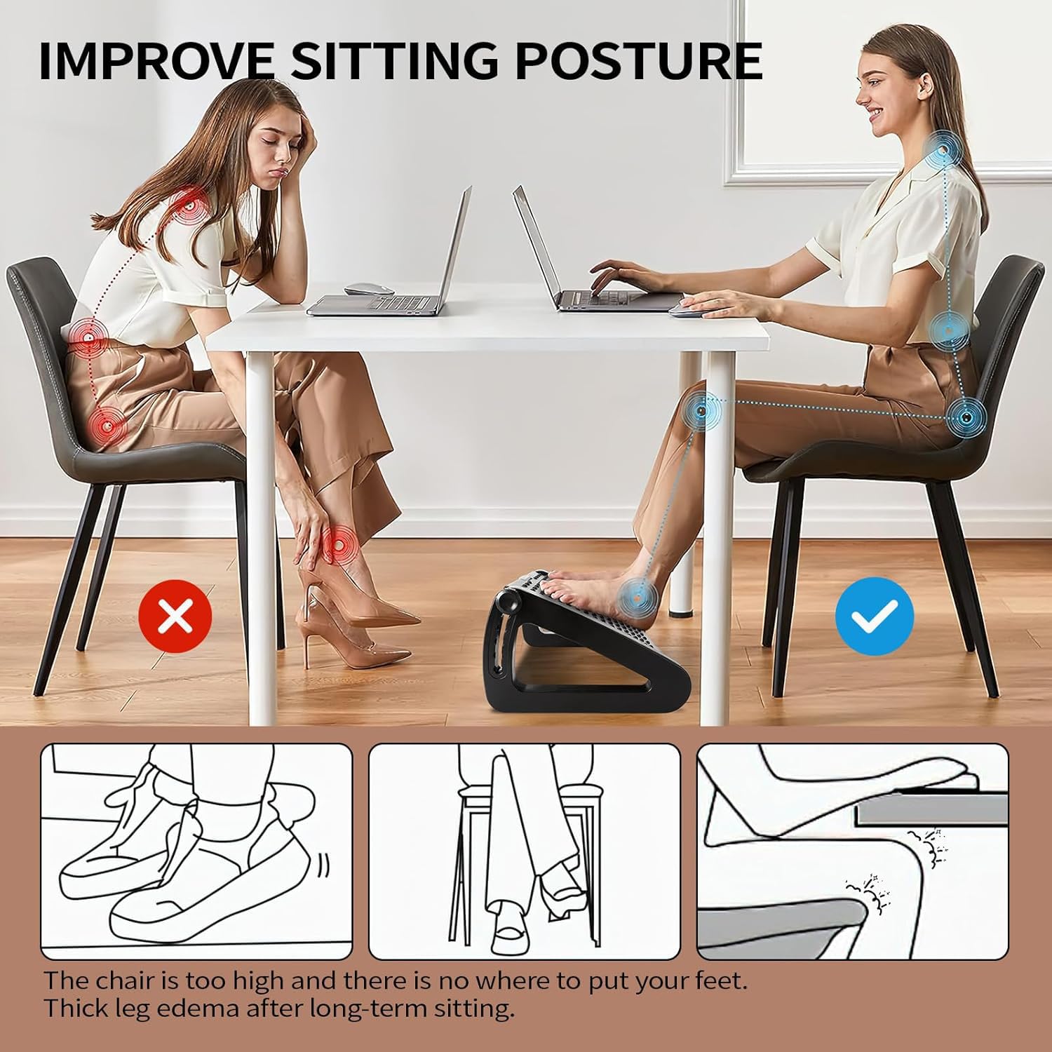 ThatPure Foot Rest for Under Desk, 6 Heights Adjustable Ergonomic Foot Stool with Massage Rollers, Chair Footrest for Leg Rests at Work Gaming Home Office
