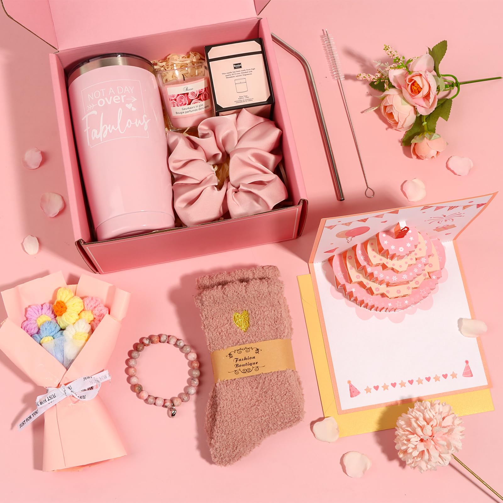 Birthday Gifts for Women Friendship, Pink Relaxing Spa Gifts Basket Set for Women, Self Care Gifts Unique Happy Birthday Gift Idea for Mom Her Best Friends Sister Wife Girlfriend Coworker Teacher (Pink)