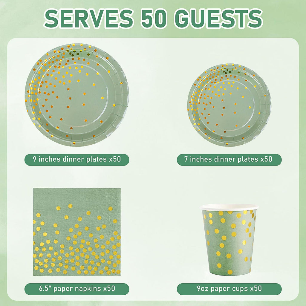 200 Pcs Sage Green Plates and Napkins Set,50 Guest Sage Green Party Supplies Include Paper Plate Napkin Cup, Disposable Tableware Set for Wedding Baby Shower Birthday Spring Party