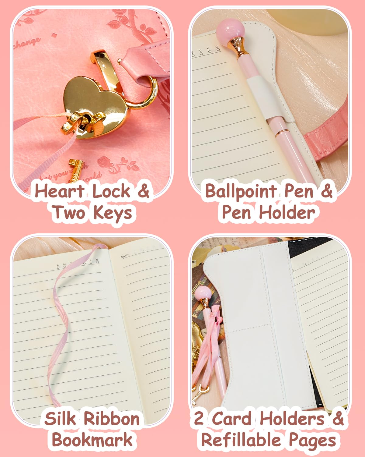 Hoci Poci Diary with Lock and Keys for Girls Gift Ideas, Refillable Journal for Women, Secret Notebook with Lined Pages for Writing Drawing, Pen and Bookmark Included (Pink)