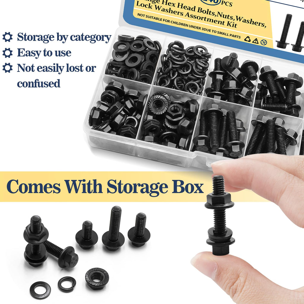 Vifmy M6-1.0 x 12/16/20/25/30mm Flange Hex Head Bolts Assortment Kit (240 Pack) with Serrated Flange Nuts,Washers & Lock Spring Washers,Hex Head Screw,Alloy Steel Black Oxide Finish Plated Full Thread