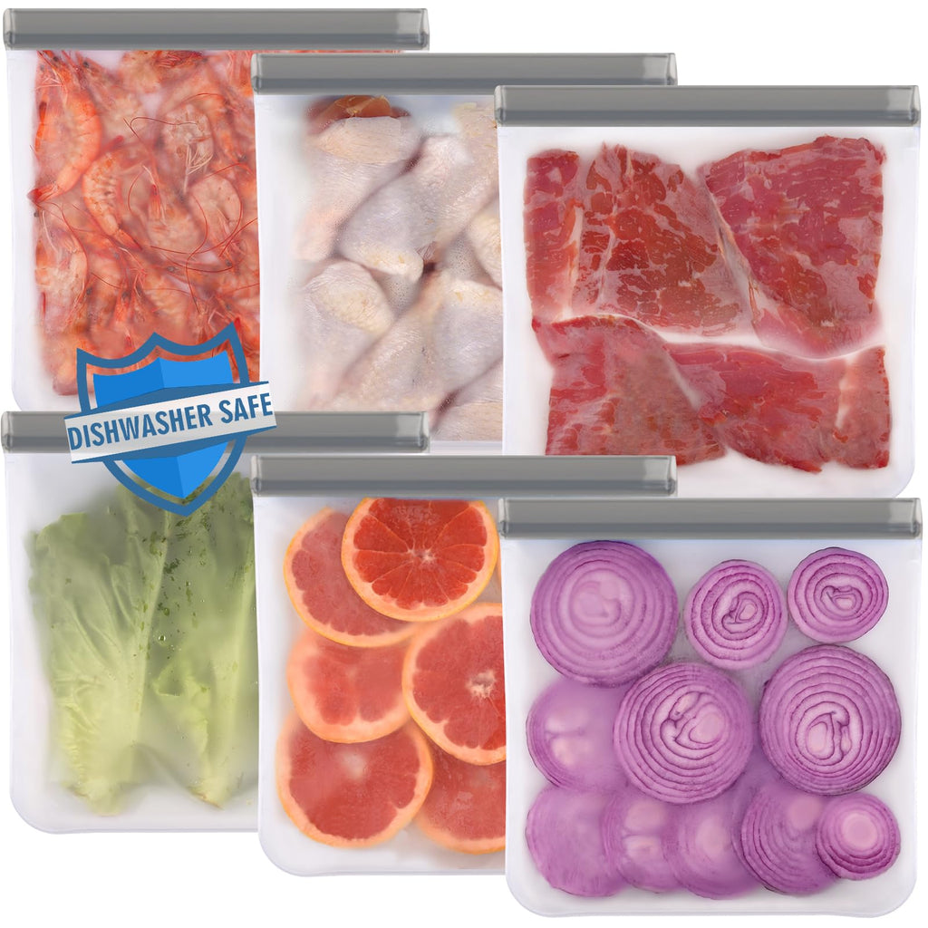 6 Pack Reusable Gallon Freezer Bags Dishwasher Safe, BPA Free Leakproof Storage Bags for Marinate Meats, Cereal, Vegetables, Home Organization(Grey)