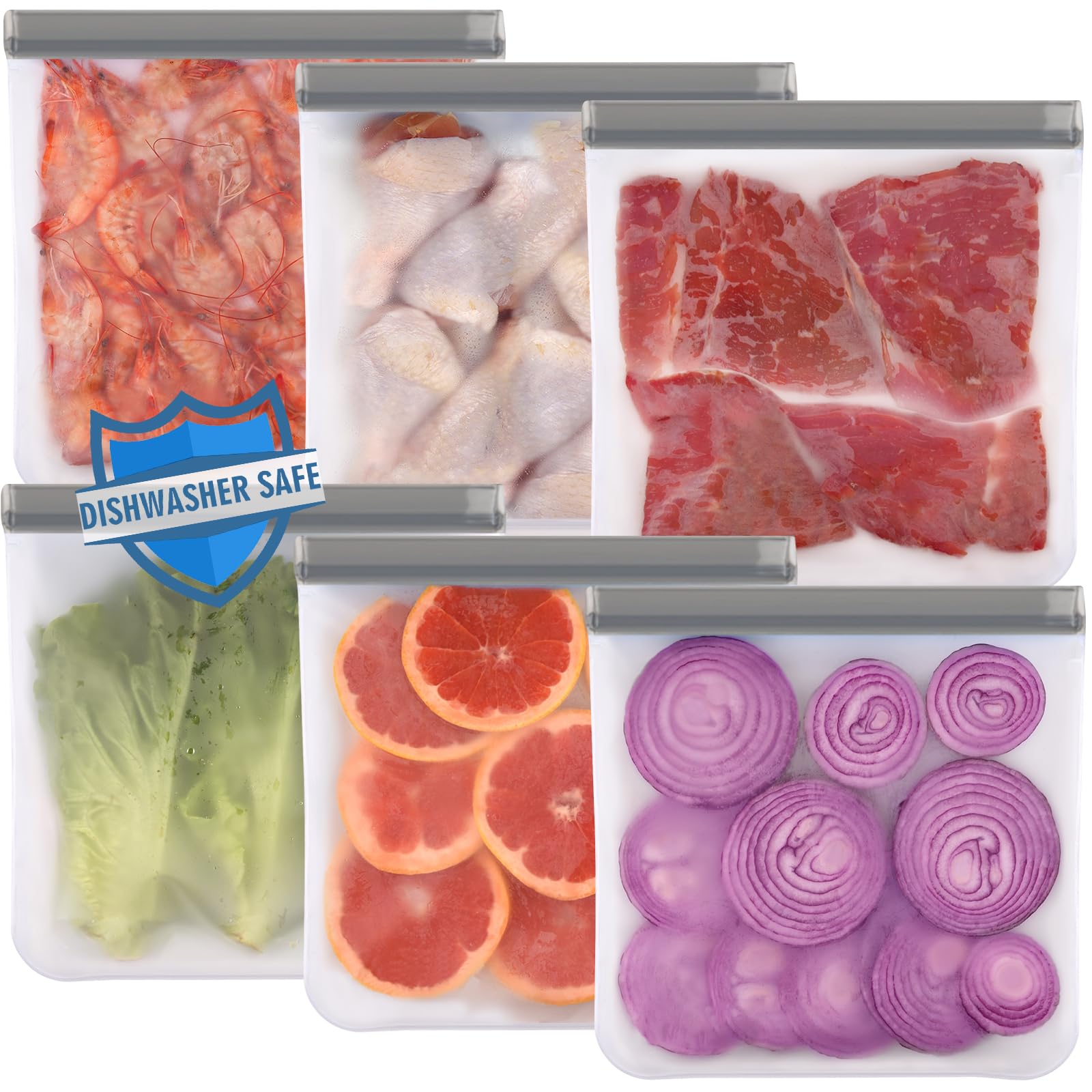 6 Pack Reusable Gallon Freezer Bags Dishwasher Safe, BPA Free Leakproof Storage Bags for Marinate Meats, Cereal, Vegetables, Home Organization(Grey)